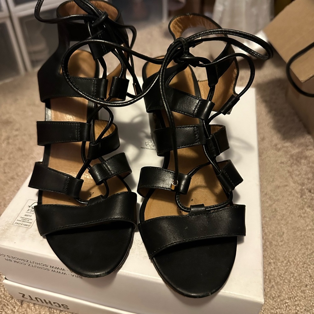 Leather coach lace up block heel